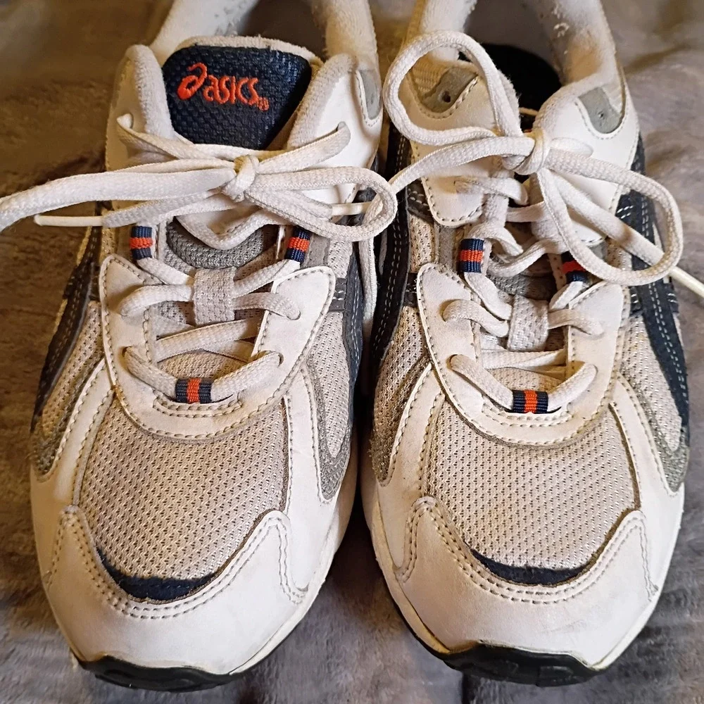 Vintage Asics TK30C Mens 8.5 White Navy Silver Chunky Y2K Retro Dad Shoe Sneaker